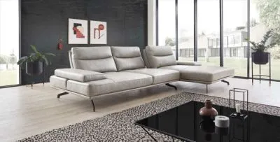 Echt Leder Ecksofa Novara inkl. Kopfteilfunktion & Sitztiefenverstellung Beige rechts
