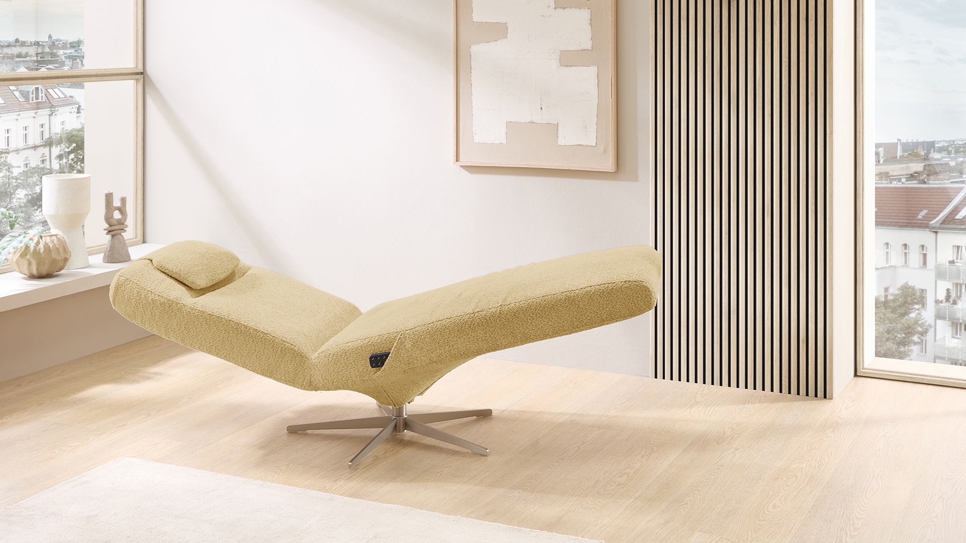 Cuoio Liege Positano mit 3-motorischer Relaxfunktion in Trendstoff Bouclé Cuoio Liege Positano mit 3-motorischer Relaxfunktion in Trendstoff Bouclé