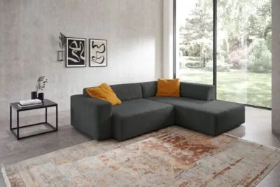 Ecksofa im Trendstoff Cord mit elektrischem Sitzvorzug mgl. Anthrazit rechts mit Funktion