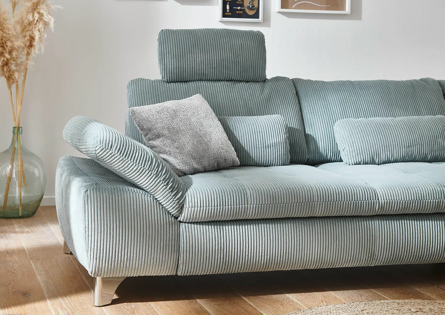 Ecksofa in Cordstoff Aqua links mit Funktion 