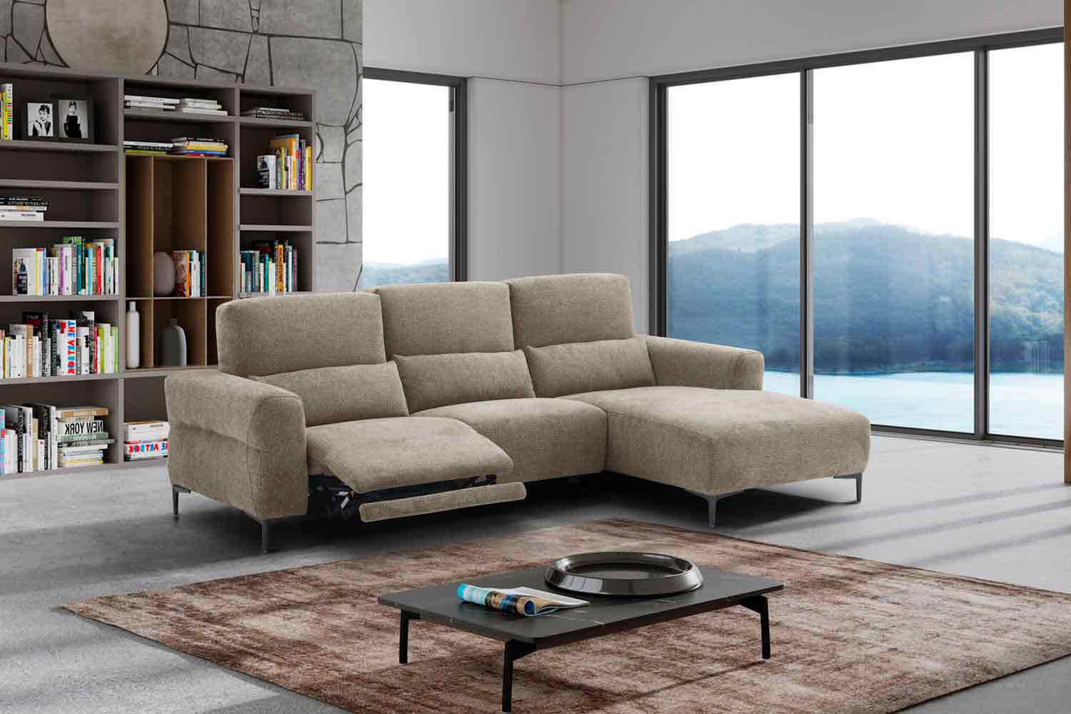 Ecksofa inkl. motorischer Funktion im trendigen Retro Stoff 