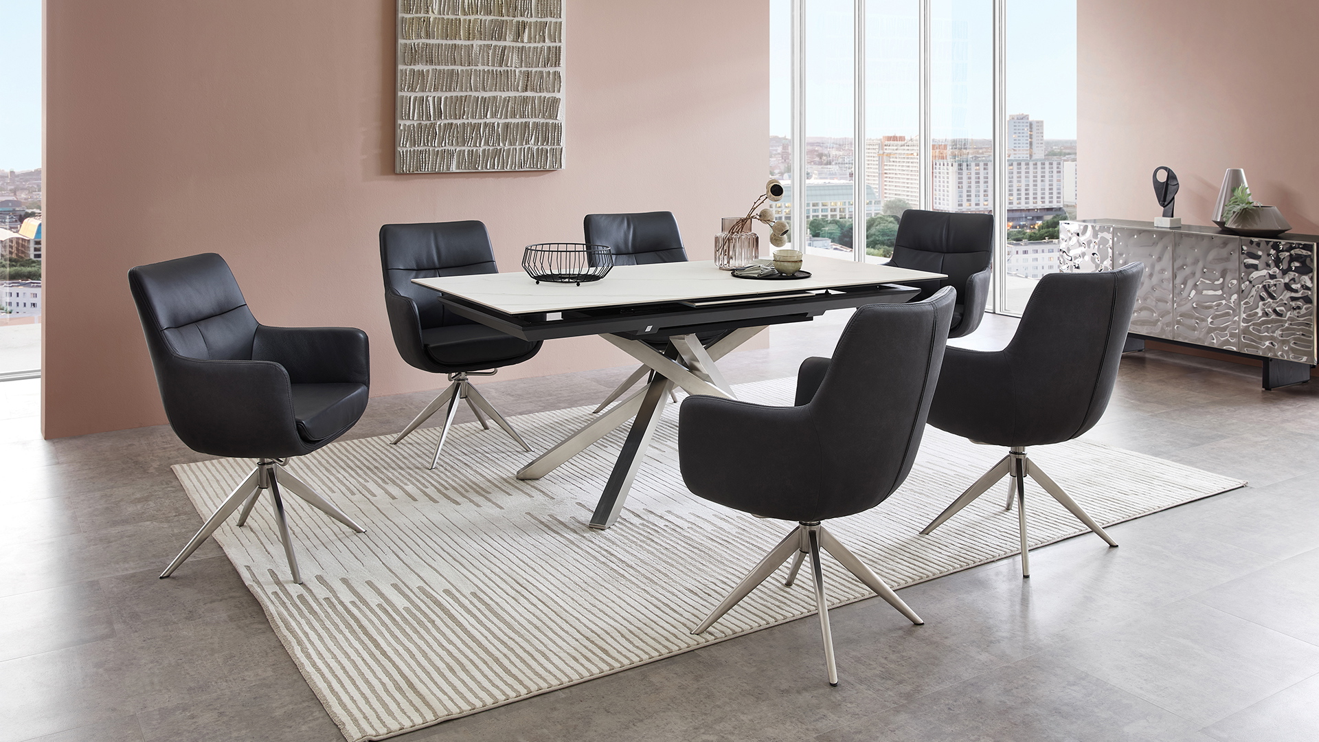 Dining Esszimmerstuhl Kingsman Move mit Dreh-und Rückholfunktion in Leder/ Stoff Mix Dining Esszimmerstuhl Kingsman Move mit Dreh-und Rückholfunktion in Leder/ Stoff Mix