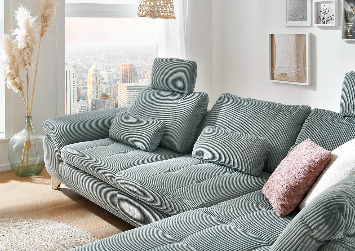 Ecksofa in Cordstoff Aqua rechts mit Funktion mit Schlaffunktion 
