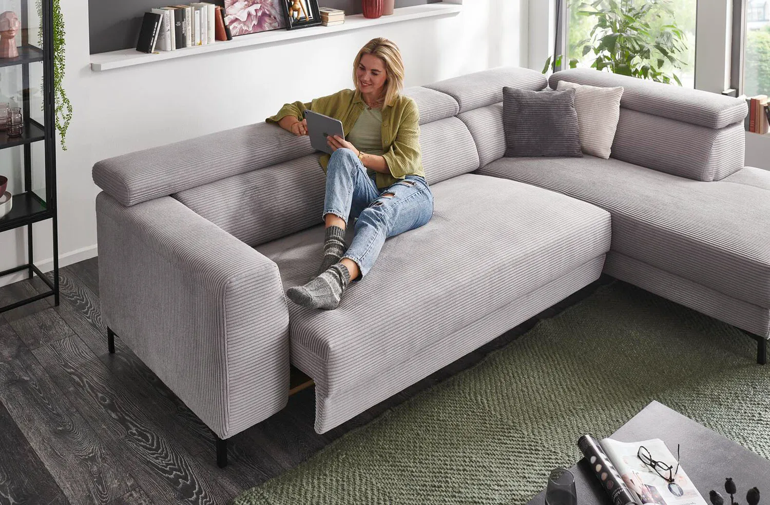Cord Ecksofa Inkl. manueller Kopfteilverstellung Grau links mit Funktion 
