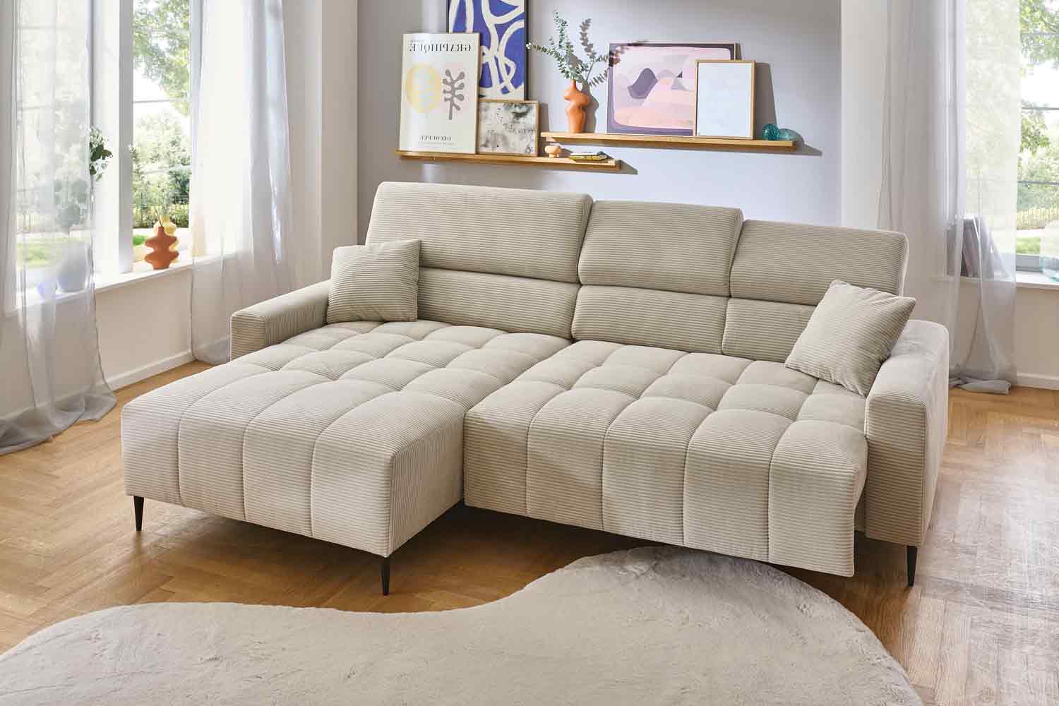 Ecksofa inkl. motorischem Sitzvorzug in Trendstoff Cord